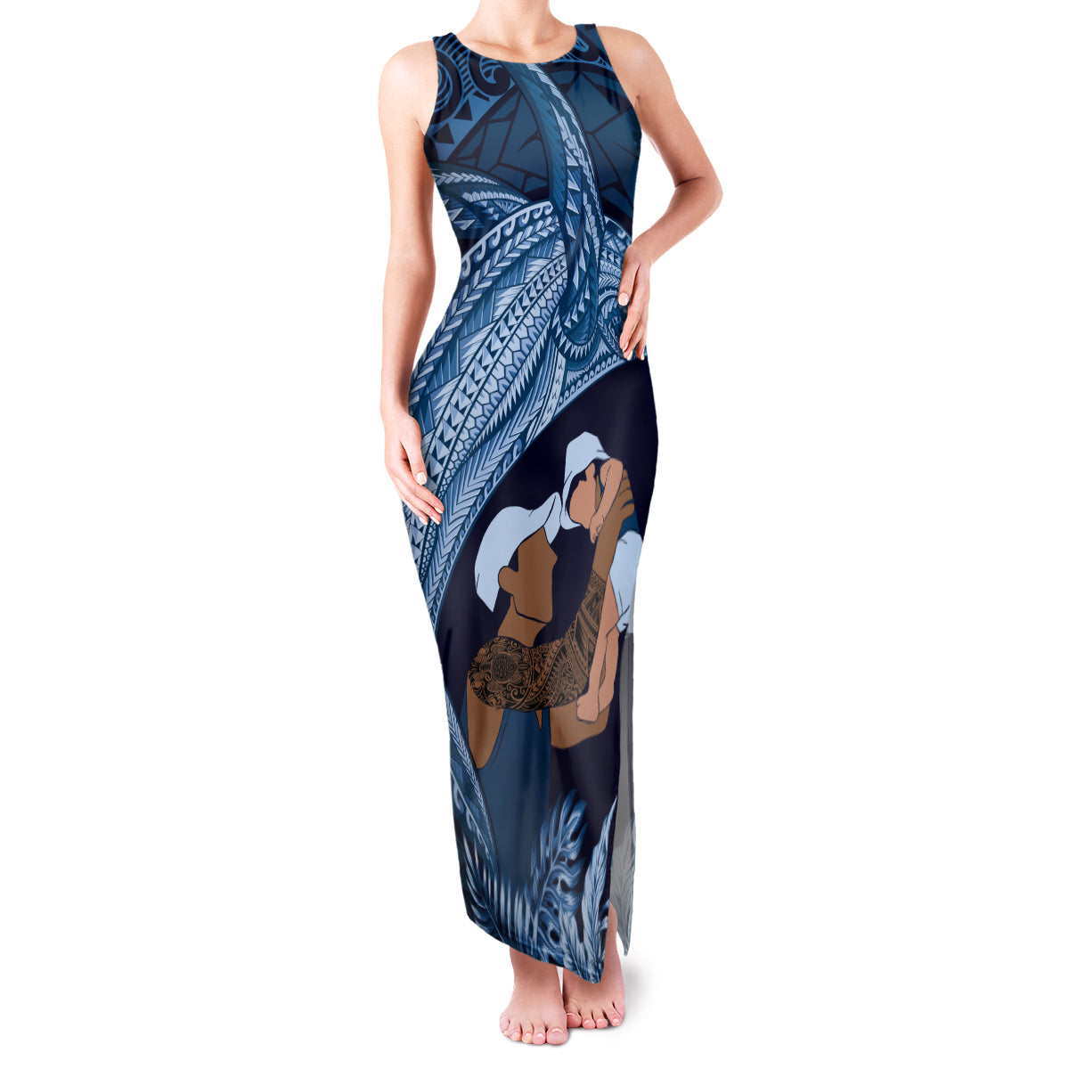 Father's Day Polynesian Pattern Family Matching Tank Maxi Dress and Hawaiian Shirt Tropical Humpback Whale - Navy
