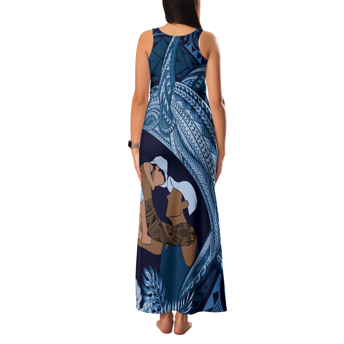 Father's Day Polynesian Pattern Family Matching Tank Maxi Dress and Hawaiian Shirt Tropical Humpback Whale - Navy
