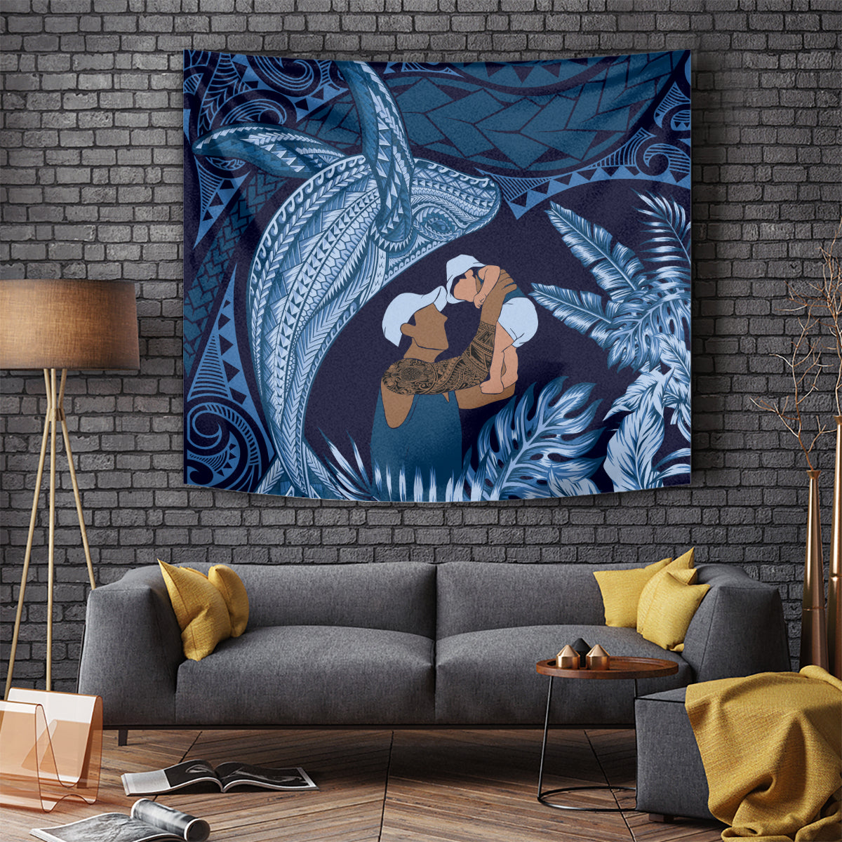 Father's Day Polynesian Pattern Tapestry Tropical Humpback Whale - Navy