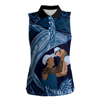 Father's Day Polynesian Pattern Women Sleeveless Polo Shirt Tropical Humpback Whale - Navy