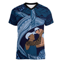 Father's Day Polynesian Pattern Women V-Neck T-Shirt Tropical Humpback Whale - Navy