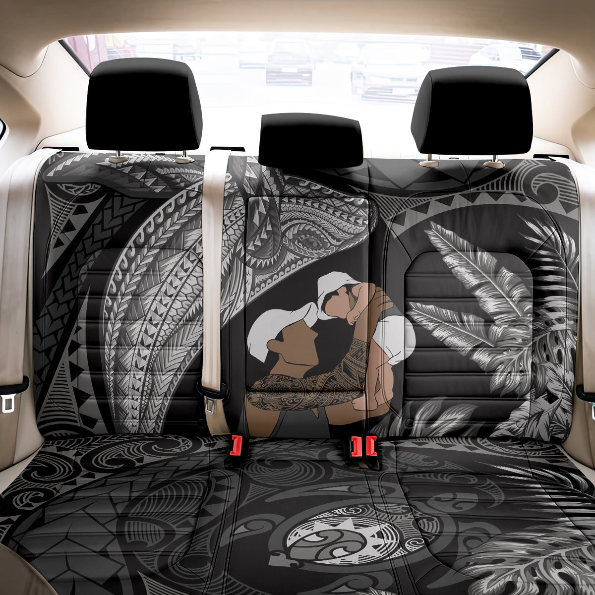 Father's Day Polynesian Pattern Back Car Seat Cover Tropical Humpback Whale - Black