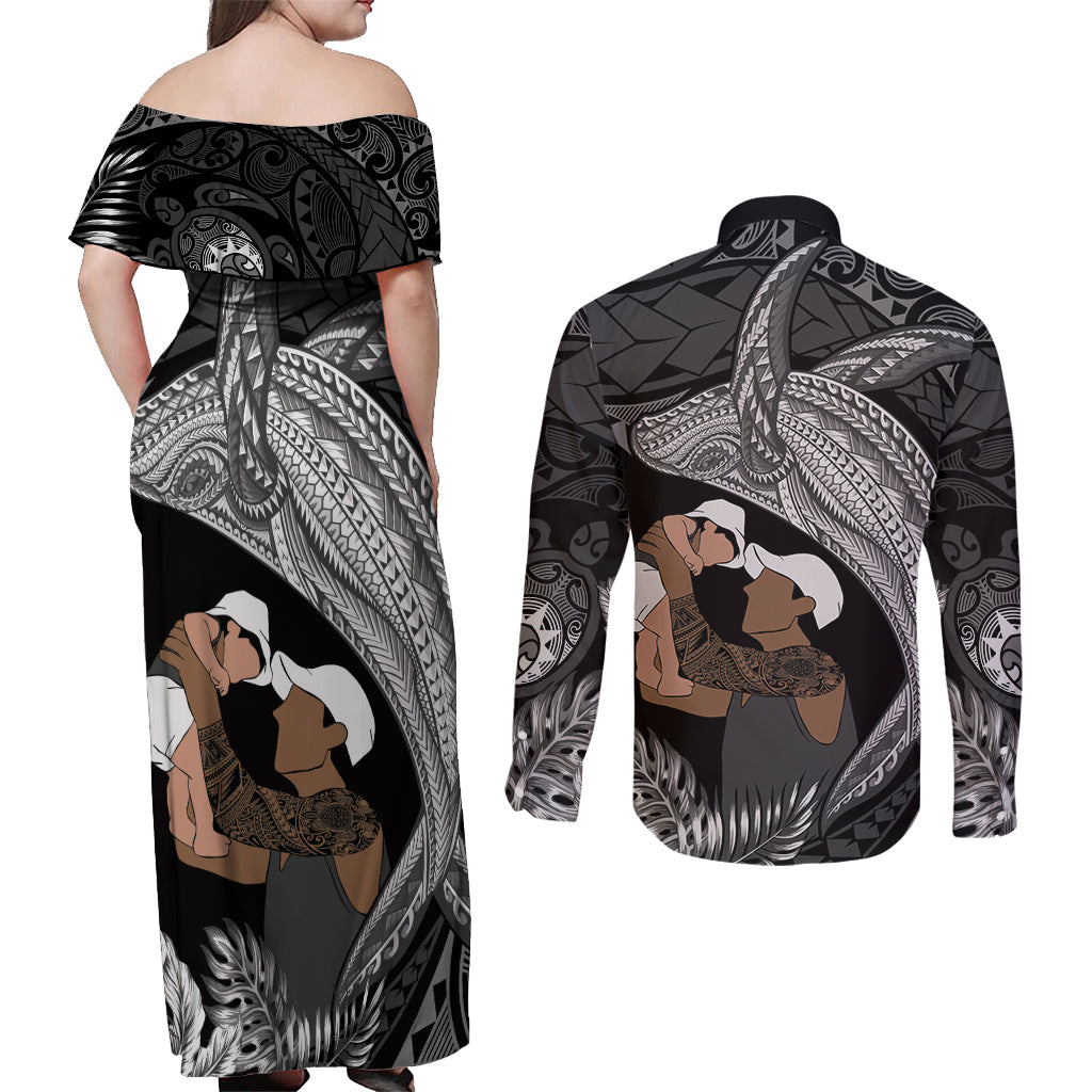 Father's Day Polynesian Pattern Couples Matching Off Shoulder Maxi Dress and Long Sleeve Button Shirt Tropical Humpback Whale - Black
