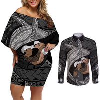 Father's Day Polynesian Pattern Couples Matching Off Shoulder Short Dress and Long Sleeve Button Shirt Tropical Humpback Whale - Black