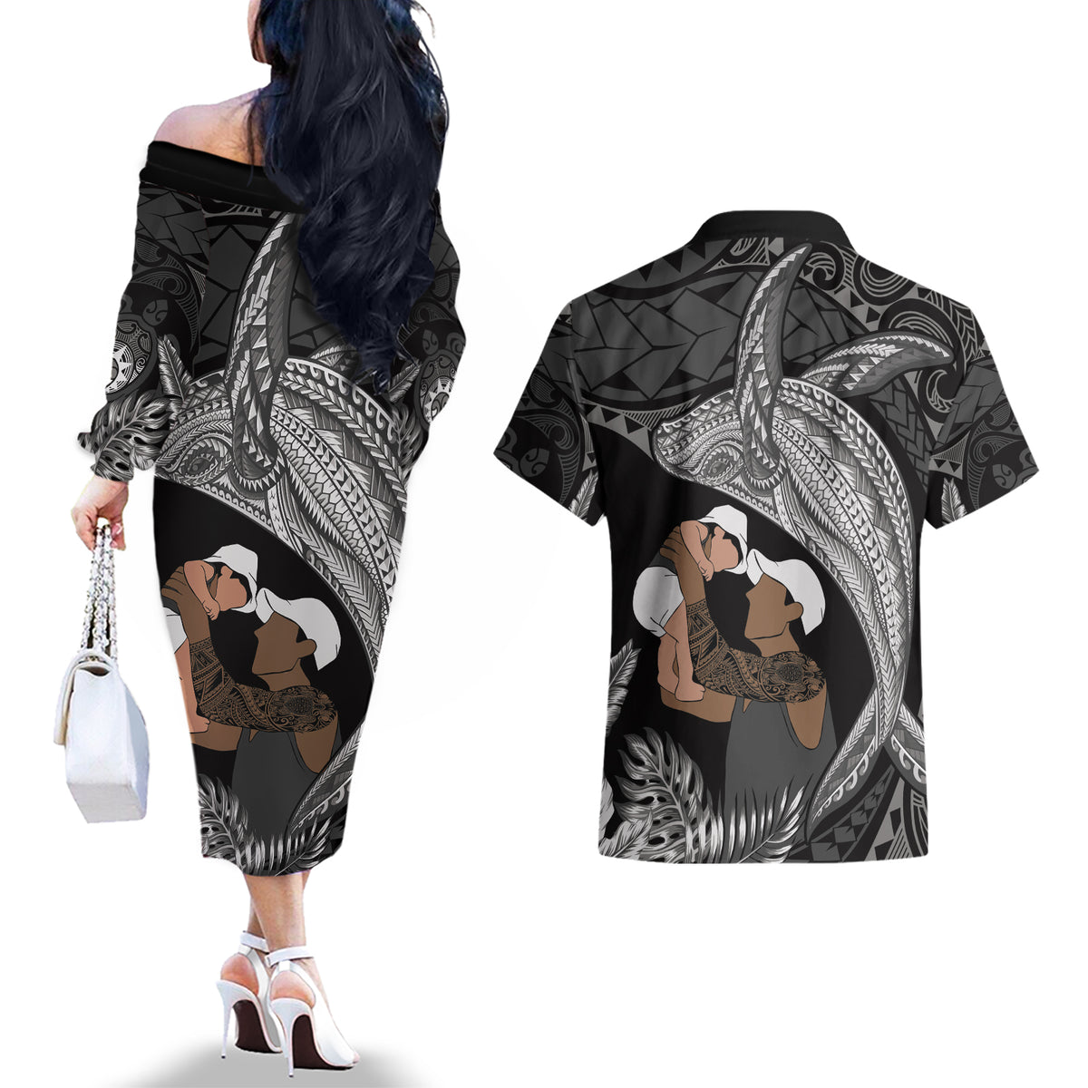 Father's Day Polynesian Pattern Couples Matching Off The Shoulder Long Sleeve Dress and Hawaiian Shirt Tropical Humpback Whale - Black