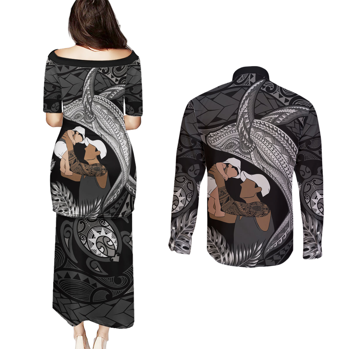 Father's Day Polynesian Pattern Couples Matching Puletasi and Long Sleeve Button Shirt Tropical Humpback Whale - Black