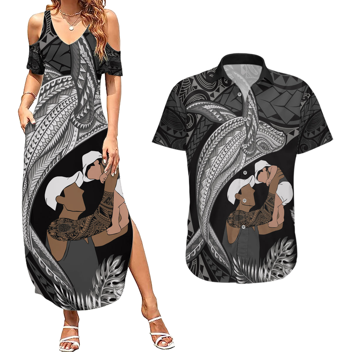 Father's Day Polynesian Pattern Couples Matching Summer Maxi Dress and Hawaiian Shirt Tropical Humpback Whale - Black
