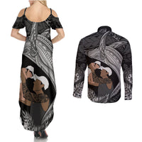 Father's Day Polynesian Pattern Couples Matching Summer Maxi Dress and Long Sleeve Button Shirt Tropical Humpback Whale - Black