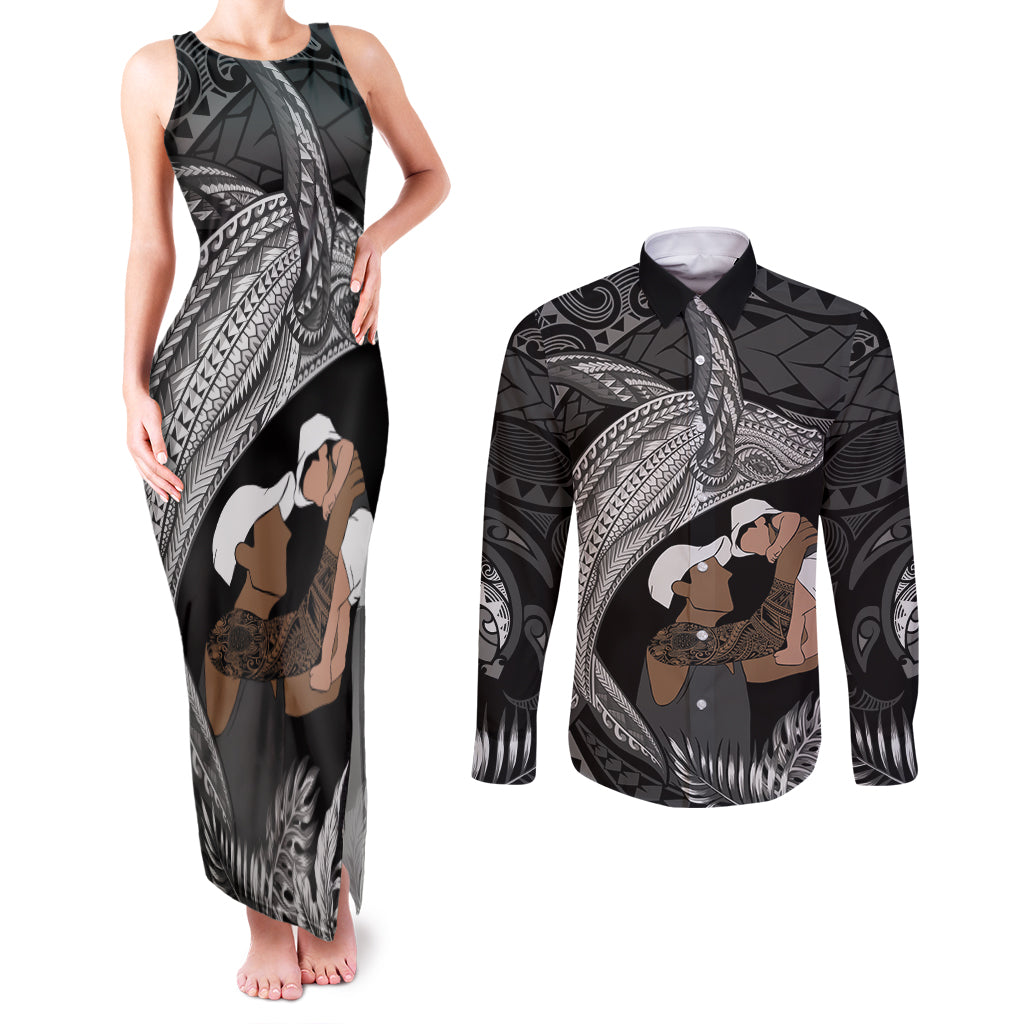 Father's Day Polynesian Pattern Couples Matching Tank Maxi Dress and Long Sleeve Button Shirt Tropical Humpback Whale - Black