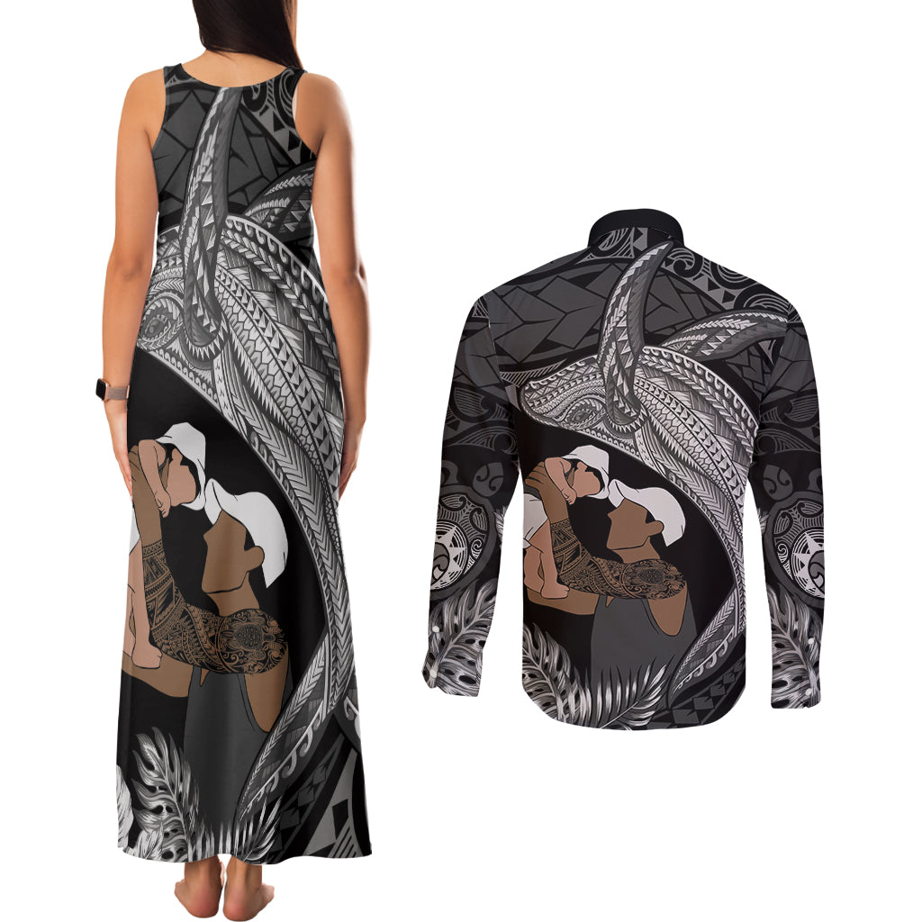 Father's Day Polynesian Pattern Couples Matching Tank Maxi Dress and Long Sleeve Button Shirt Tropical Humpback Whale - Black