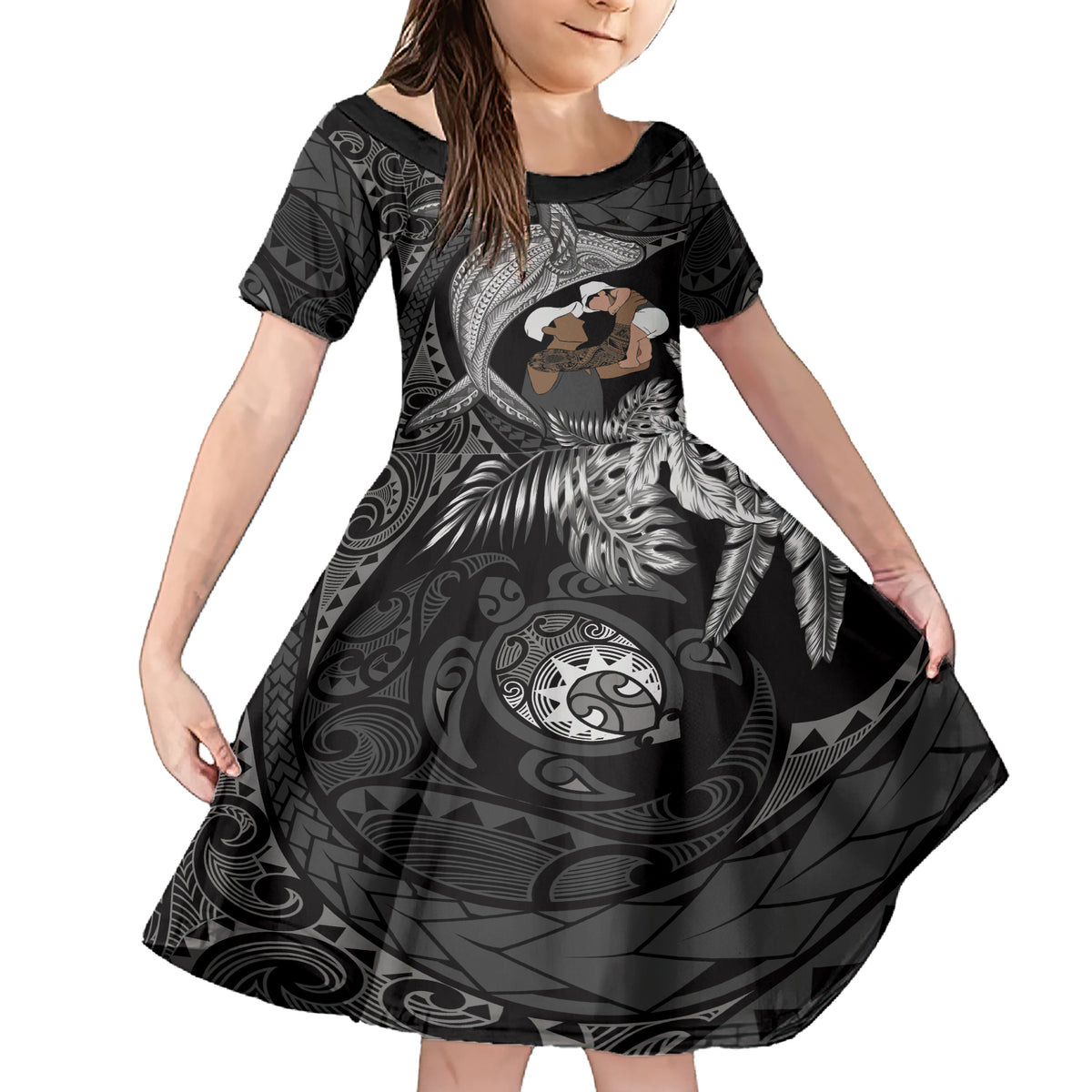 Father's Day Polynesian Pattern Family Matching Short Sleeve Bodycon Dress and Hawaiian Shirt Tropical Humpback Whale - Black