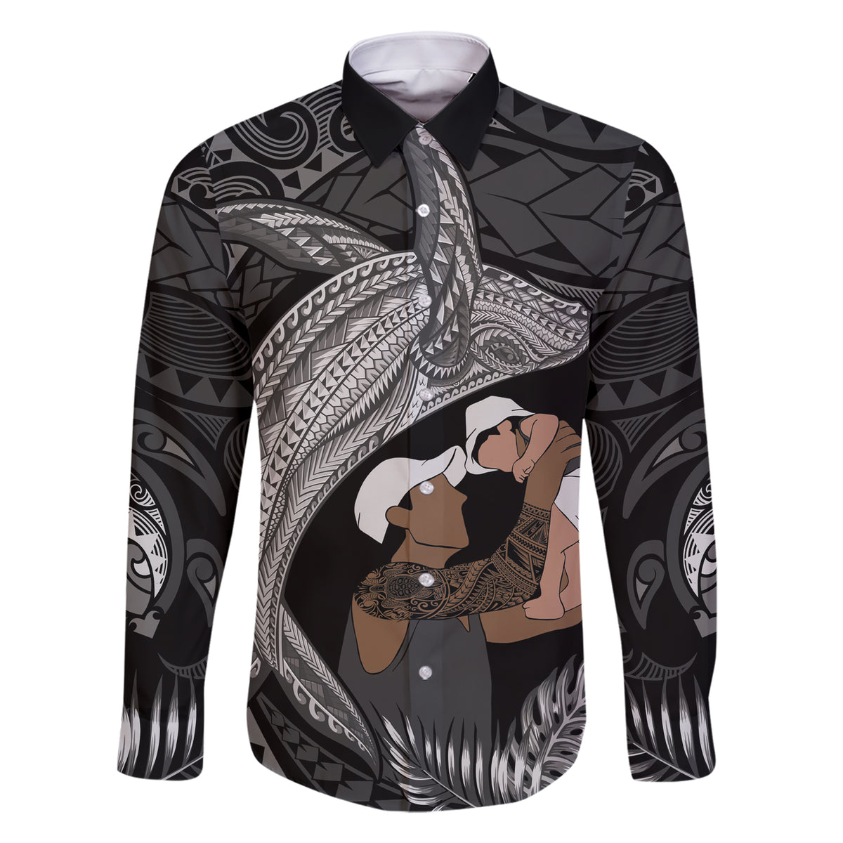 Father's Day Polynesian Pattern Family Matching Short Sleeve Bodycon Dress and Hawaiian Shirt Tropical Humpback Whale - Black