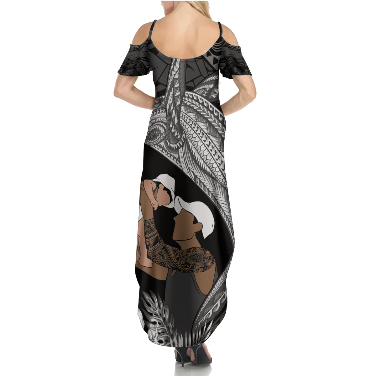 Father's Day Polynesian Pattern Family Matching Summer Maxi Dress and Hawaiian Shirt Tropical Humpback Whale - Black