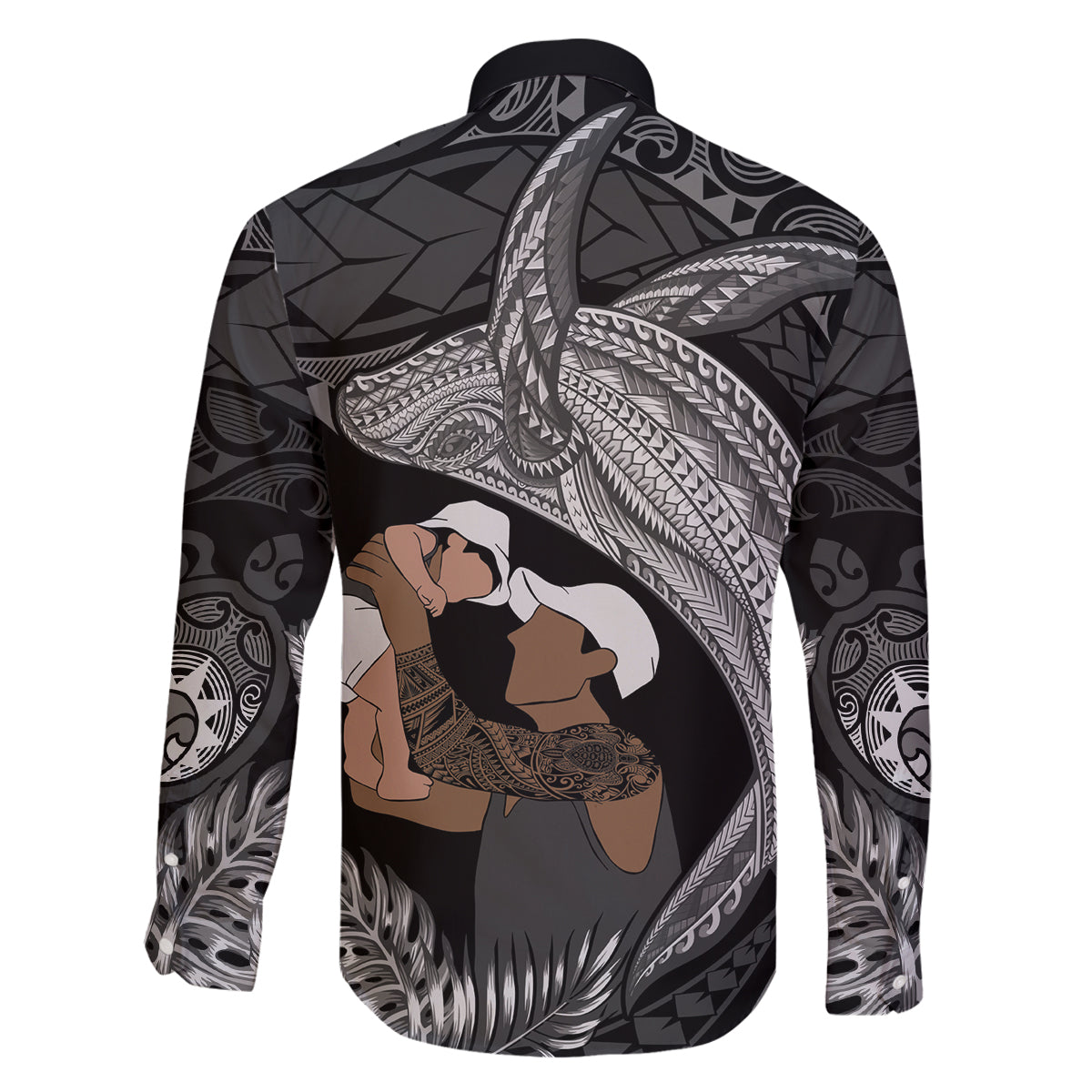 Father's Day Polynesian Pattern Family Matching Tank Maxi Dress and Hawaiian Shirt Tropical Humpback Whale - Black