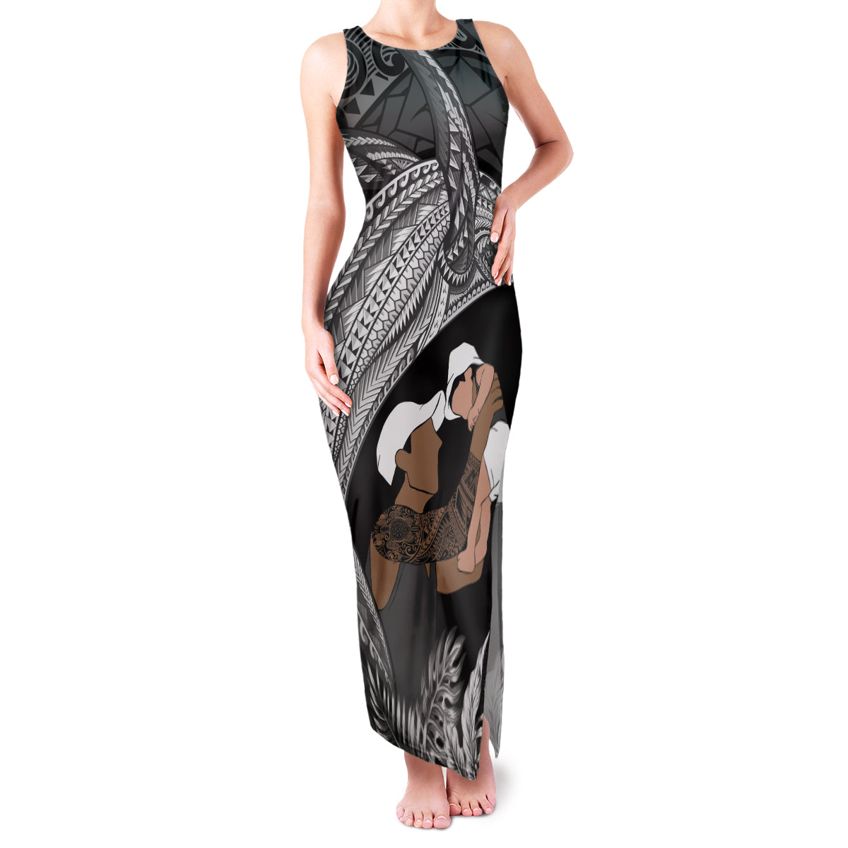 Father's Day Polynesian Pattern Family Matching Tank Maxi Dress and Hawaiian Shirt Tropical Humpback Whale - Black