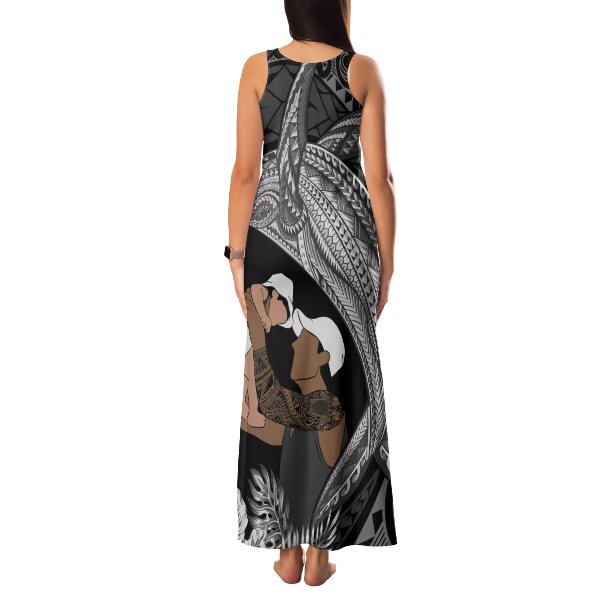 Father's Day Polynesian Pattern Family Matching Tank Maxi Dress and Hawaiian Shirt Tropical Humpback Whale - Black