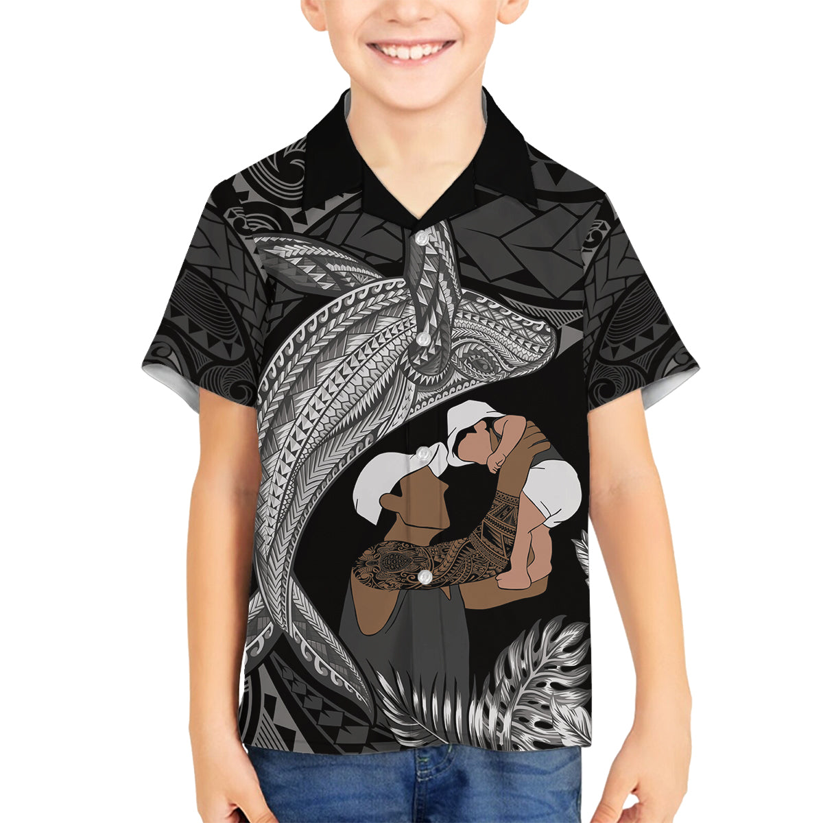 Father's Day Polynesian Pattern Family Matching Tank Maxi Dress and Hawaiian Shirt Tropical Humpback Whale - Black