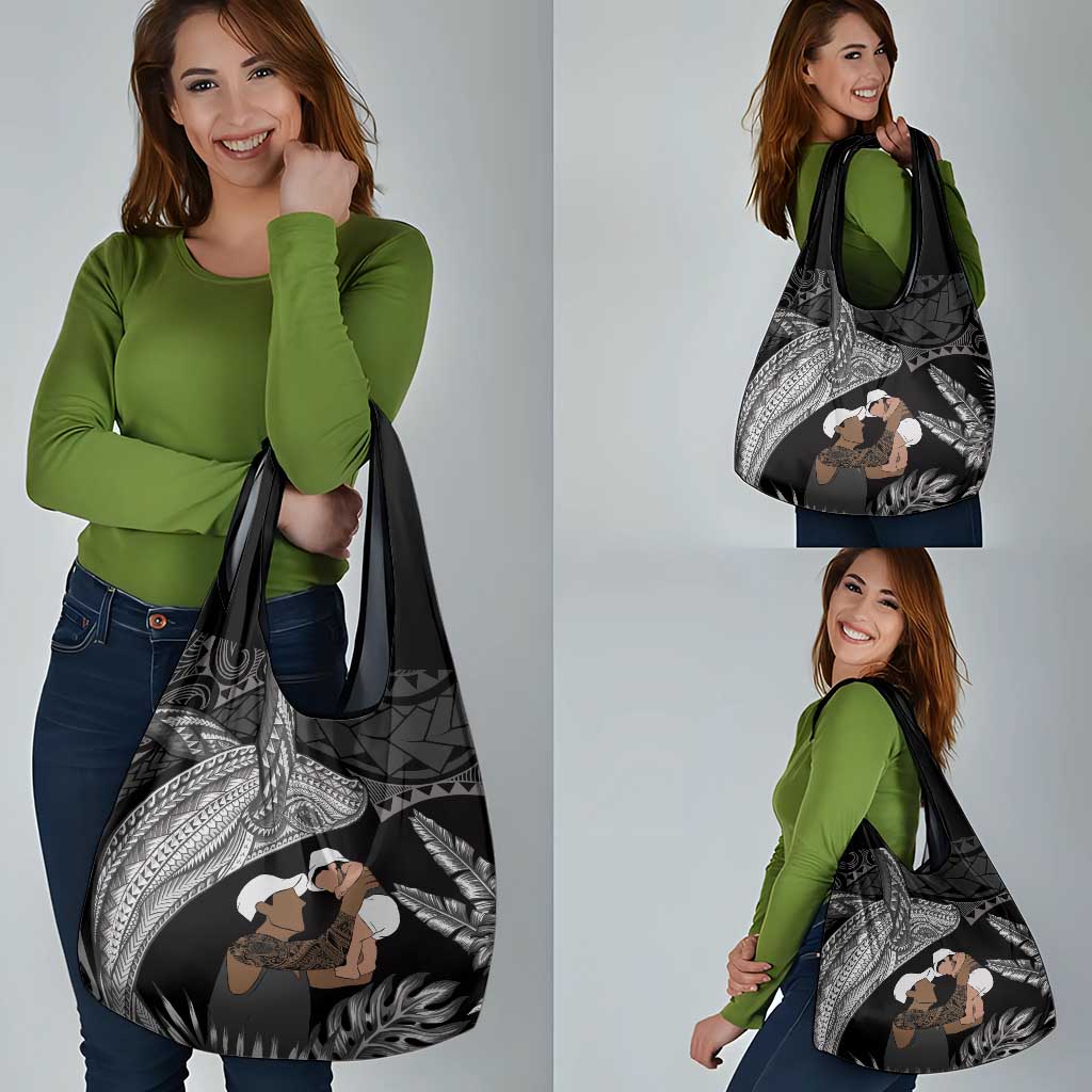 Father's Day Polynesian Pattern Grocery Bag Tropical Humpback Whale - Black