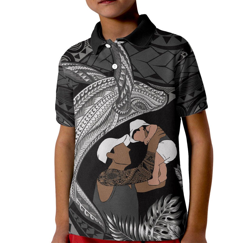 Father's Day Polynesian Pattern Kid Polo Shirt Tropical Humpback Whale - Black