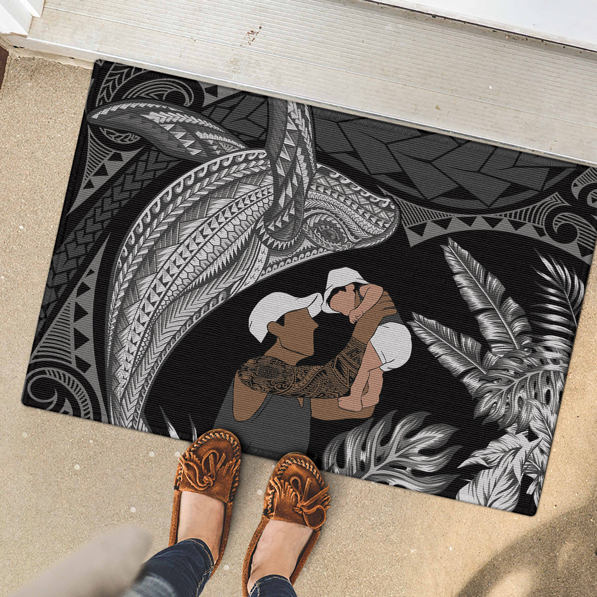 Father's Day Polynesian Pattern Rubber Doormat Tropical Humpback Whale - Black