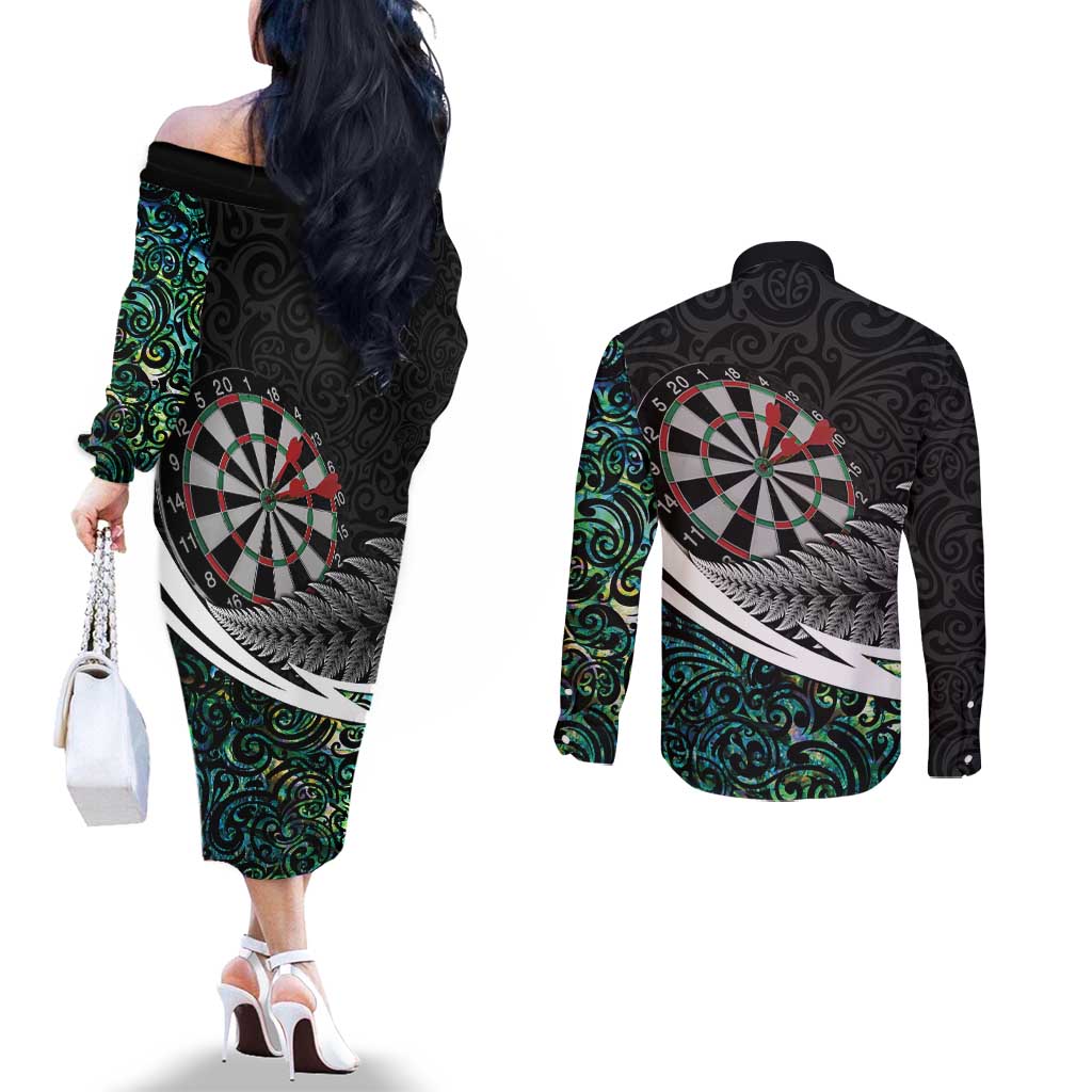 Personalized NZ Darts Couples Matching Off The Shoulder Long Sleeve Dress and Long Sleeve Button Shirt Paua Shell Maori Koru Whakairo - Polynesian Pride