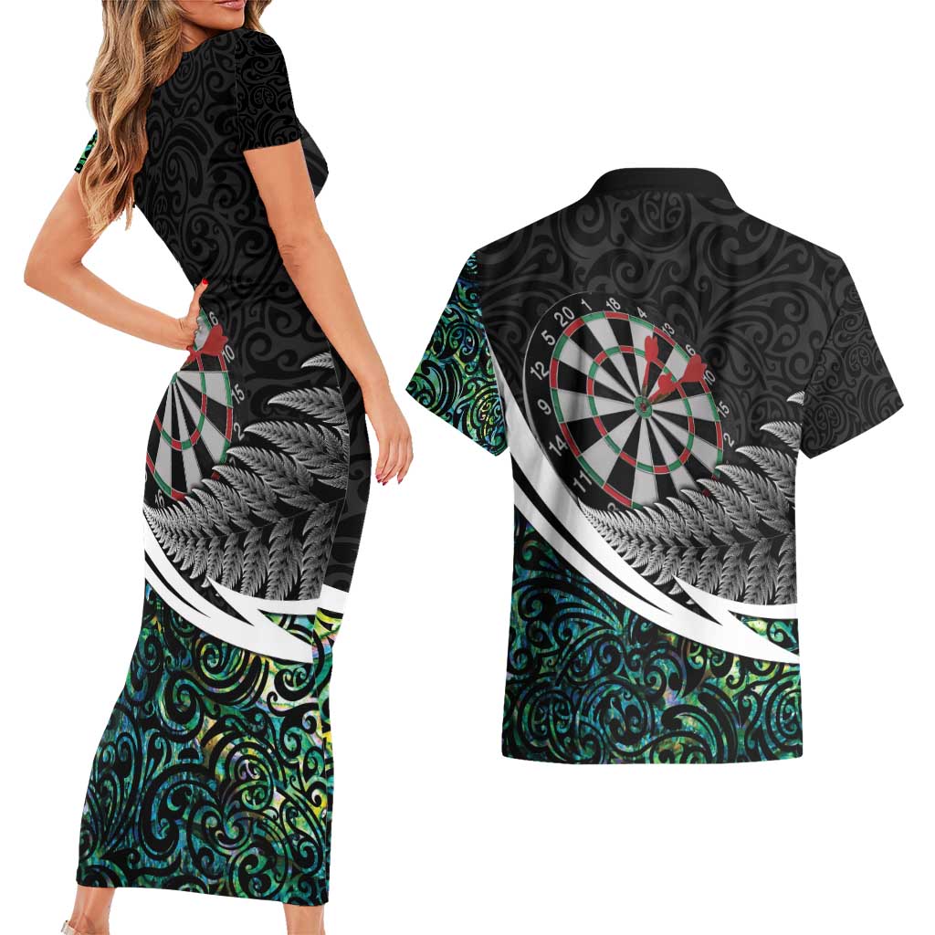 Personalized NZ Darts Couples Matching Short Sleeve Bodycon Dress and Hawaiian Shirt Paua Shell Maori Koru Whakairo - Polynesian Pride