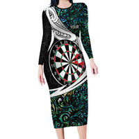 Personalized NZ Darts Family Matching Long Sleeve Bodycon Dress and Hawaiian Shirt Paua Shell Maori Koru Whakairo - Polynesian Pride