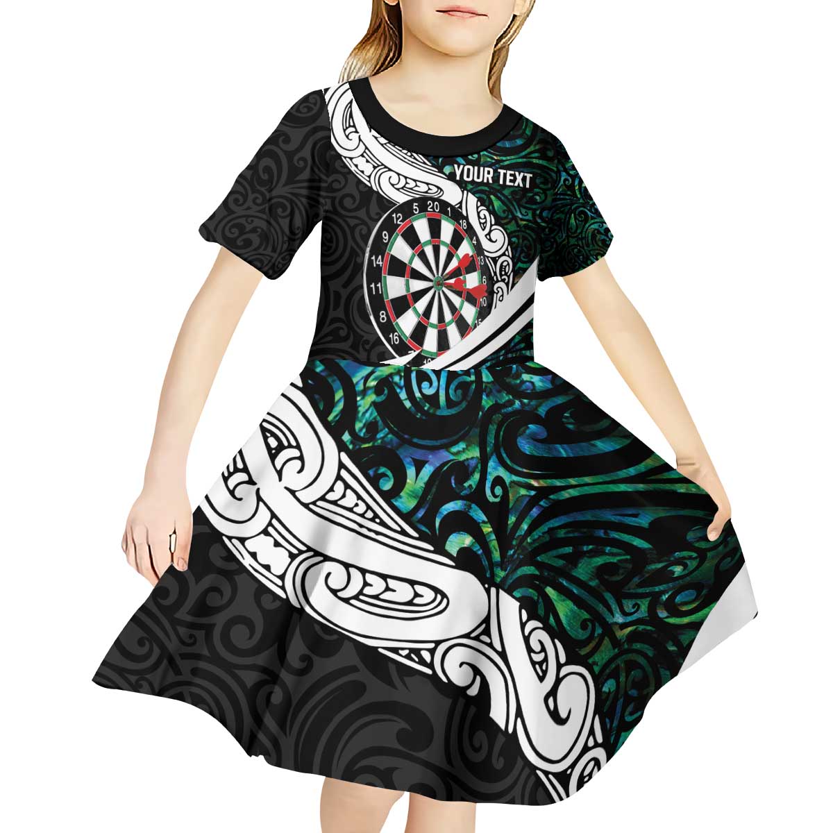 Personalized NZ Darts Kid Short Sleeve Dress Paua Shell Maori Koru Whakairo - Polynesian Pride
