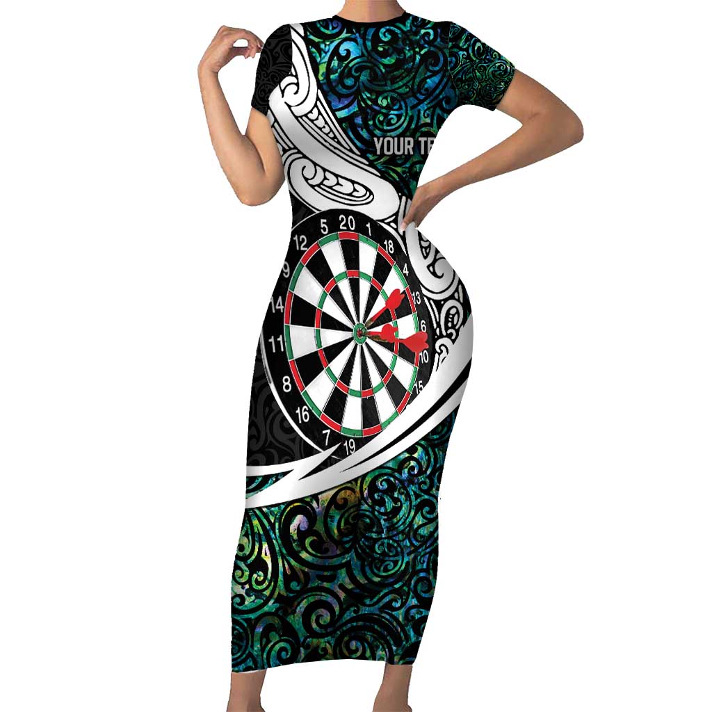 Personalized NZ Darts Short Sleeve Bodycon Dress Paua Shell Maori Koru Whakairo - Polynesian Pride