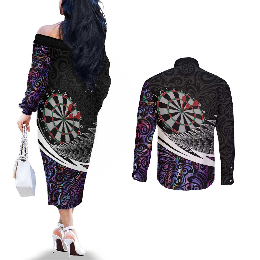 Personalized NZ Darts Couples Matching Off The Shoulder Long Sleeve Dress and Long Sleeve Button Shirt Paua Shell Maori Koru Whakairo - Purple - Polynesian Pride