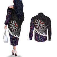 Personalized NZ Darts Couples Matching Off The Shoulder Long Sleeve Dress and Long Sleeve Button Shirt Paua Shell Maori Koru Whakairo - Purple - Polynesian Pride