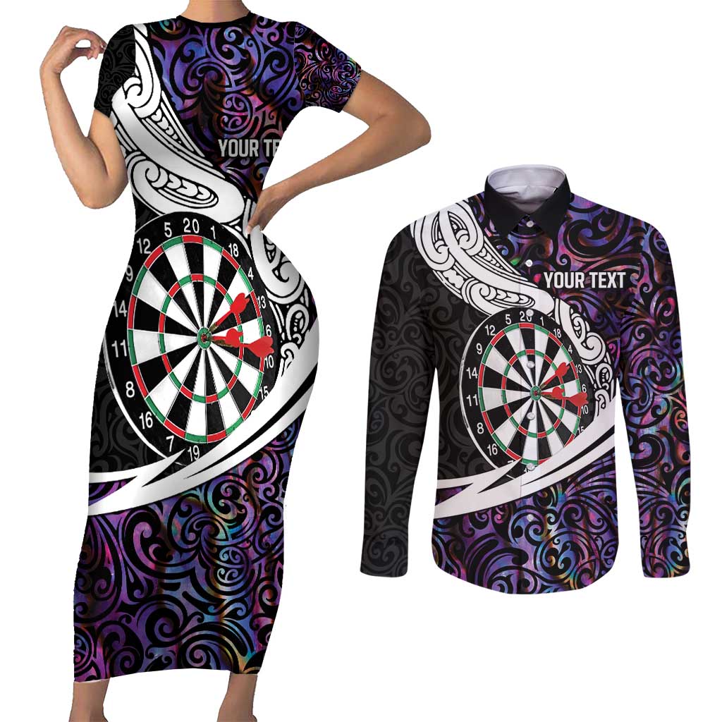 Personalized NZ Darts Couples Matching Short Sleeve Bodycon Dress and Long Sleeve Button Shirt Paua Shell Maori Koru Whakairo - Purple LT7 Purple - Polynesian Pride