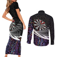 Personalized NZ Darts Couples Matching Short Sleeve Bodycon Dress and Long Sleeve Button Shirt Paua Shell Maori Koru Whakairo - Purple LT7 - Polynesian Pride