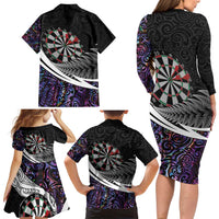 Personalized NZ Darts Family Matching Long Sleeve Bodycon Dress and Hawaiian Shirt Paua Shell Maori Koru Whakairo - Purple LT7 - Polynesian Pride