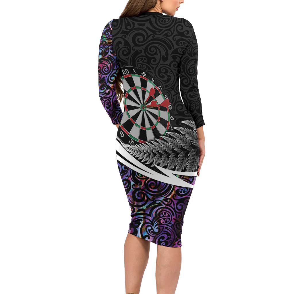 Personalized NZ Darts Family Matching Long Sleeve Bodycon Dress and Hawaiian Shirt Paua Shell Maori Koru Whakairo - Purple LT7 - Polynesian Pride