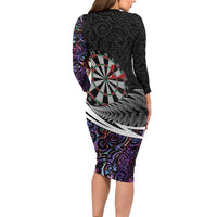 Personalized NZ Darts Family Matching Long Sleeve Bodycon Dress and Hawaiian Shirt Paua Shell Maori Koru Whakairo - Purple LT7 - Polynesian Pride