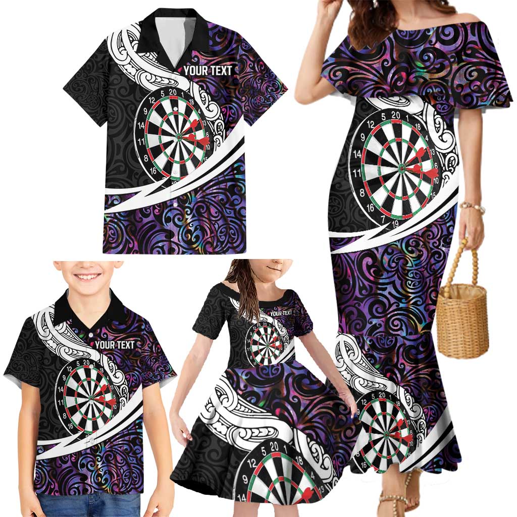 Personalized NZ Darts Family Matching Mermaid Dress and Hawaiian Shirt Paua Shell Maori Koru Whakairo - Purple LT7 - Polynesian Pride