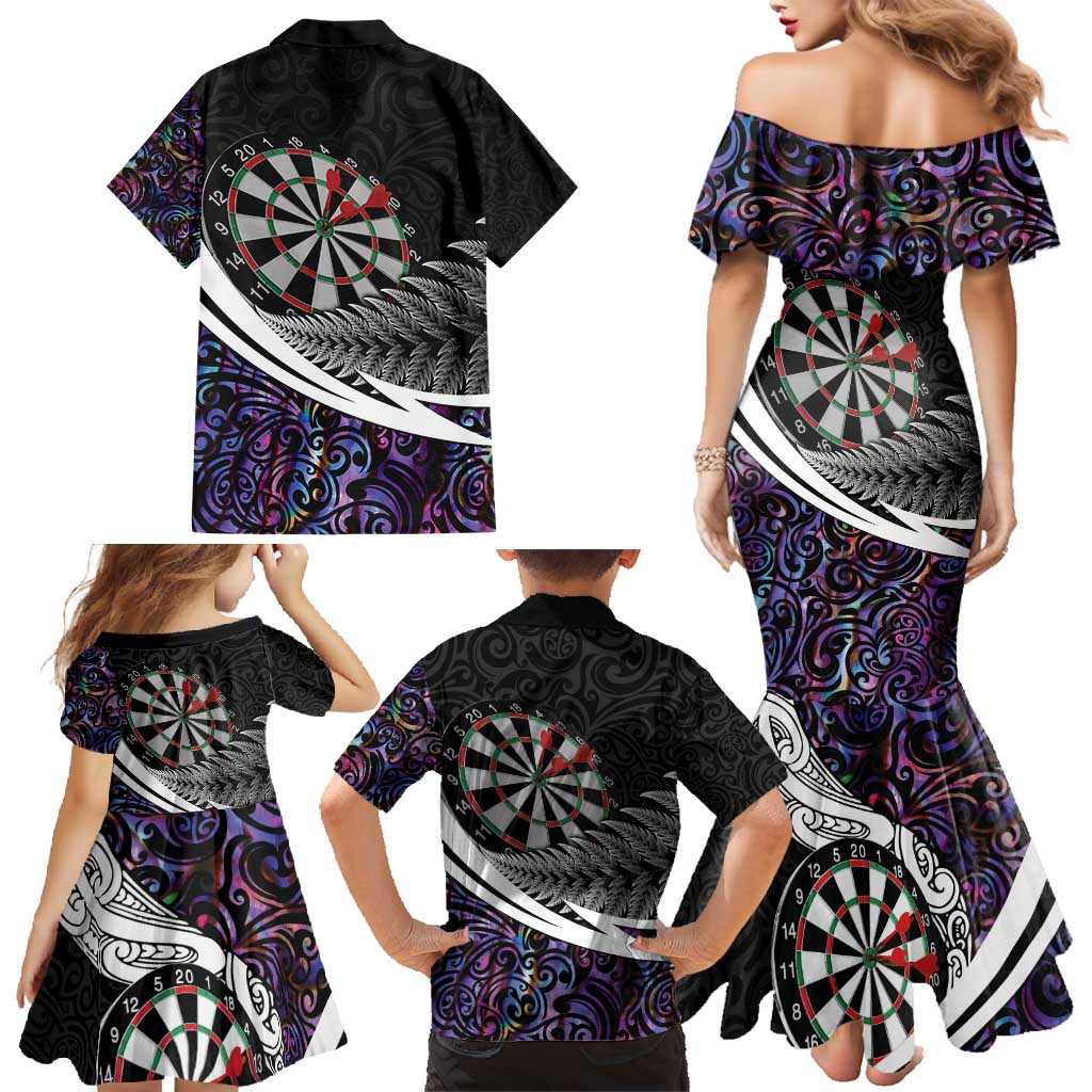 Personalized NZ Darts Family Matching Mermaid Dress and Hawaiian Shirt Paua Shell Maori Koru Whakairo - Purple LT7 - Polynesian Pride