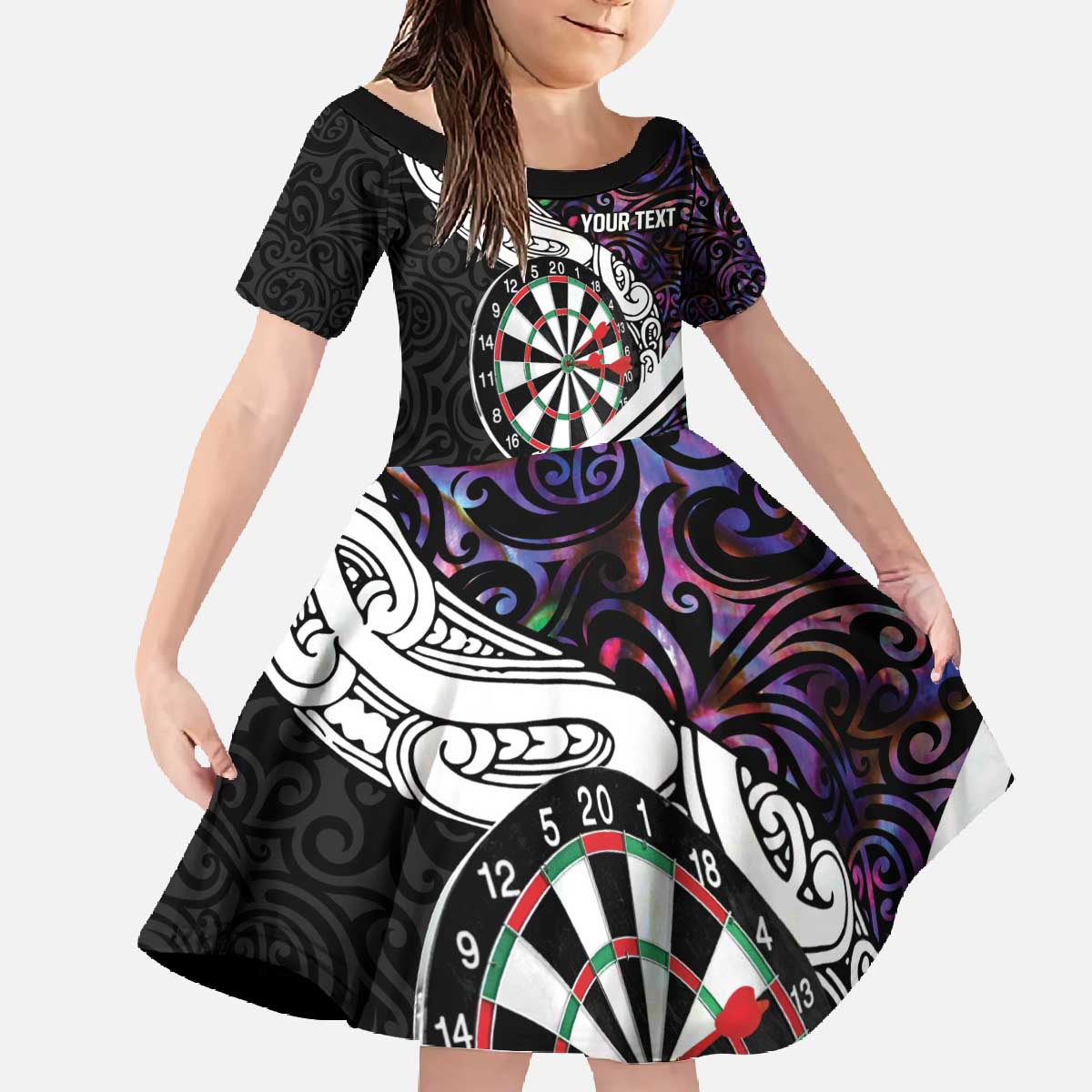 Personalized NZ Darts Family Matching Off The Shoulder Long Sleeve Dress and Hawaiian Shirt Paua Shell Maori Koru Whakairo - Purple LT7 Daughter's Dress Purple - Polynesian Pride