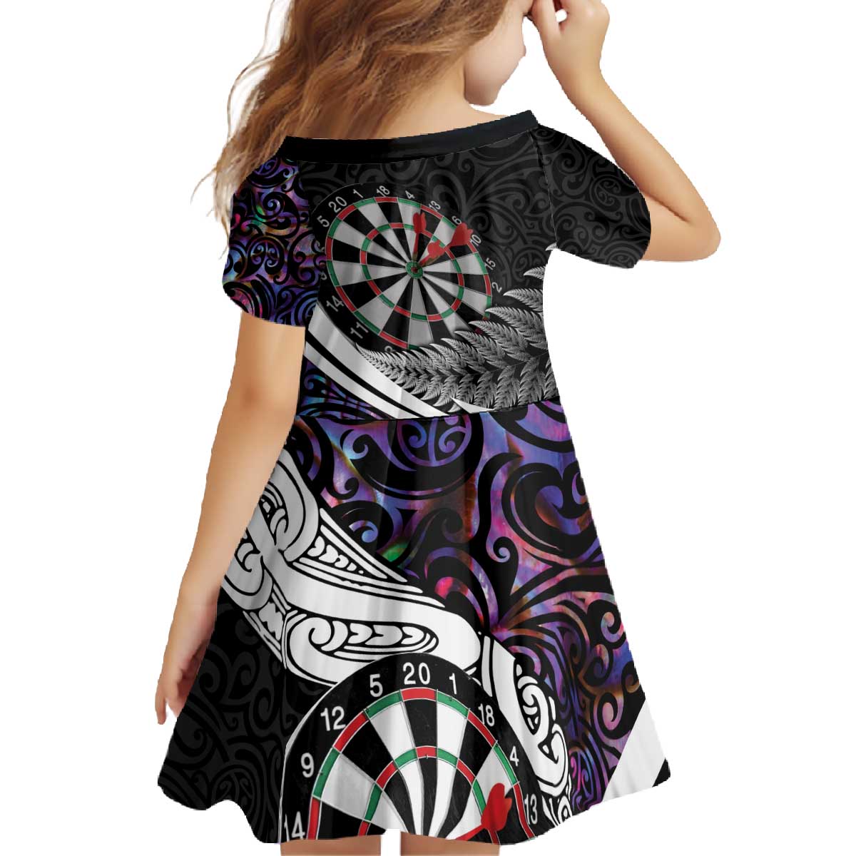 Personalized NZ Darts Family Matching Off The Shoulder Long Sleeve Dress and Hawaiian Shirt Paua Shell Maori Koru Whakairo - Purple LT7 - Polynesian Pride