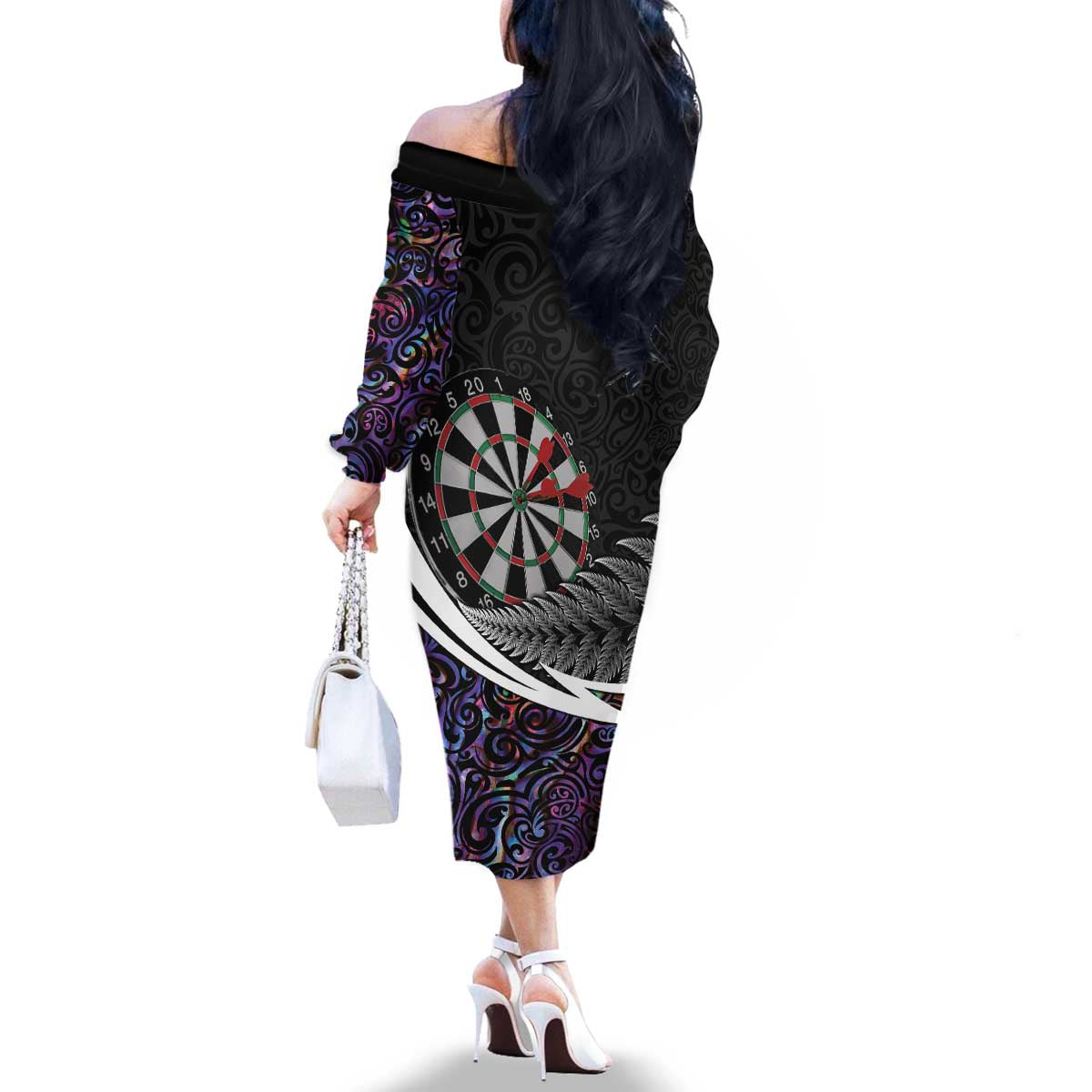 Personalized NZ Darts Family Matching Off The Shoulder Long Sleeve Dress and Hawaiian Shirt Paua Shell Maori Koru Whakairo - Purple LT7 - Polynesian Pride