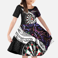 Personalized NZ Darts Family Matching Short Sleeve Bodycon Dress and Hawaiian Shirt Paua Shell Maori Koru Whakairo - Purple LT7 Daughter's Dress Purple - Polynesian Pride