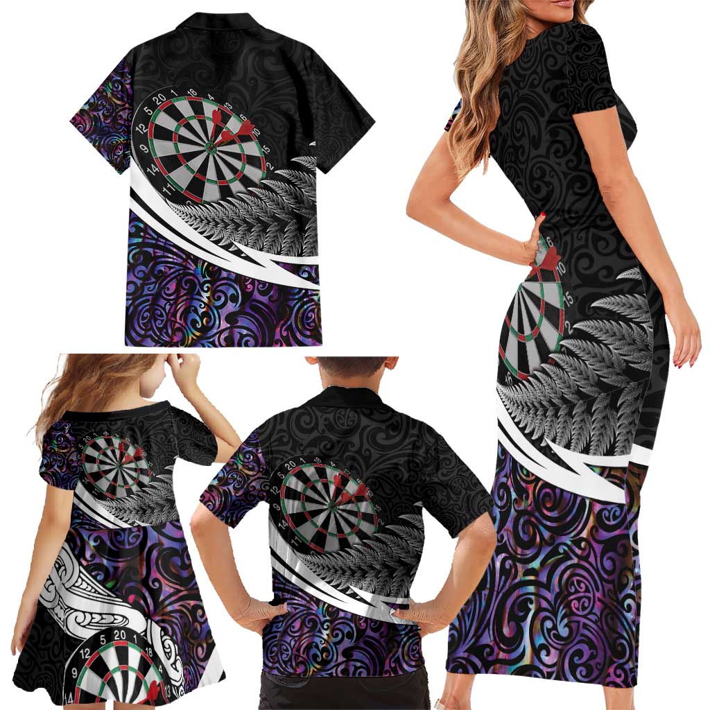 Personalized NZ Darts Family Matching Short Sleeve Bodycon Dress and Hawaiian Shirt Paua Shell Maori Koru Whakairo - Purple LT7 - Polynesian Pride