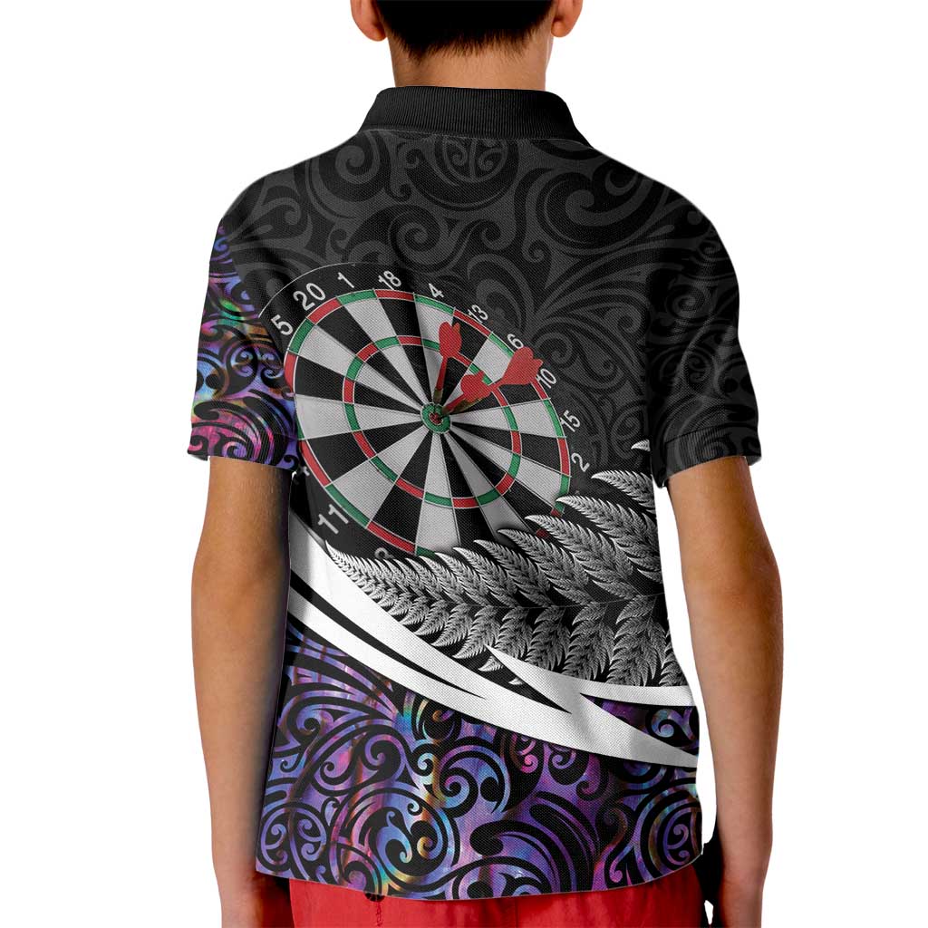 Personalized NZ Darts Kid Polo Shirt Paua Shell Maori Koru Whakairo - Purple - Polynesian Pride