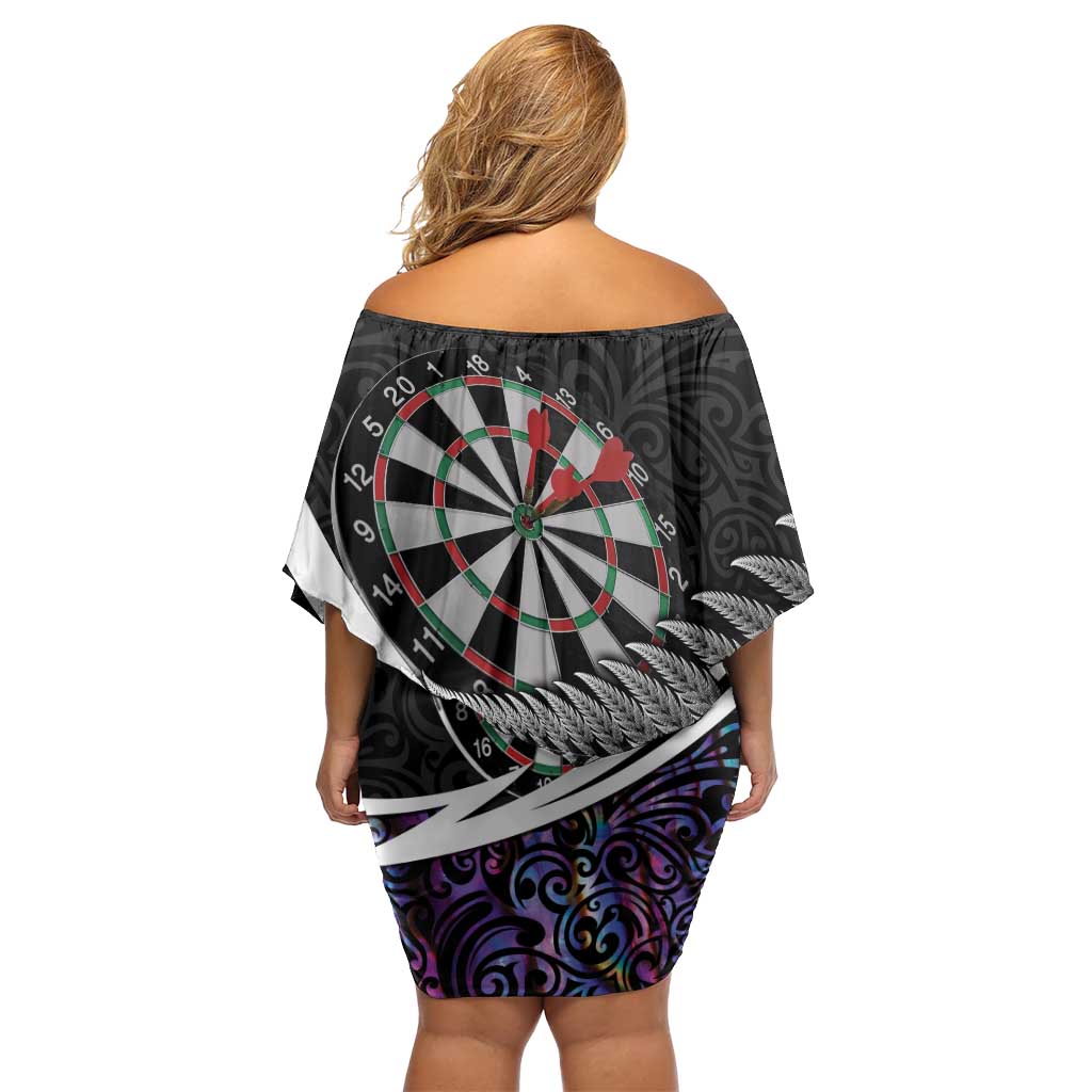 Personalized NZ Darts Off Shoulder Short Dress Paua Shell Maori Koru Whakairo - Purple - Polynesian Pride