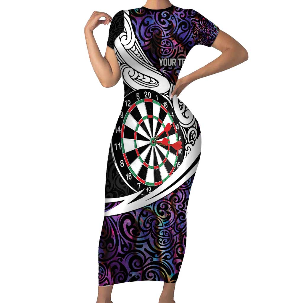 Personalized NZ Darts Short Sleeve Bodycon Dress Paua Shell Maori Koru Whakairo - Purple - Polynesian Pride