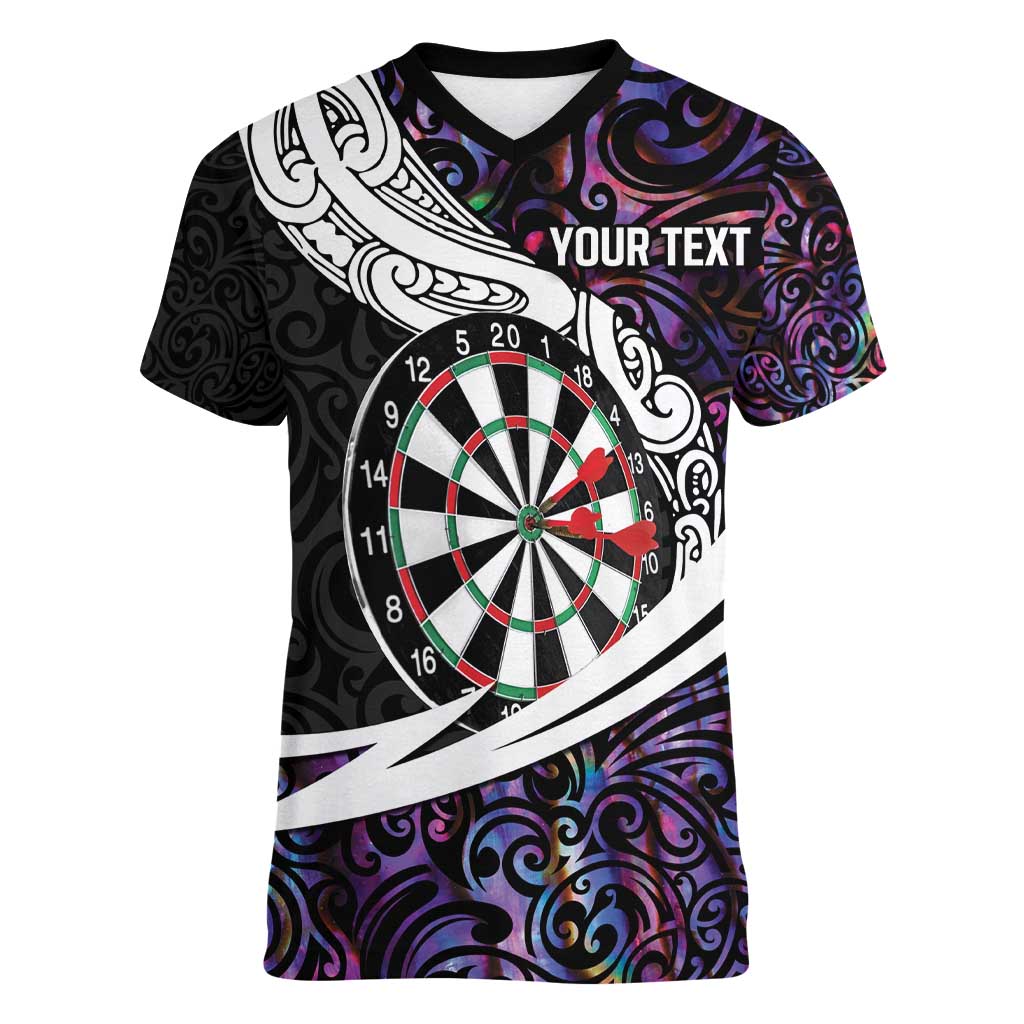 Personalized NZ Darts Women V-Neck T-Shirt Paua Shell Maori Koru Whakairo - Purple - Polynesian Pride
