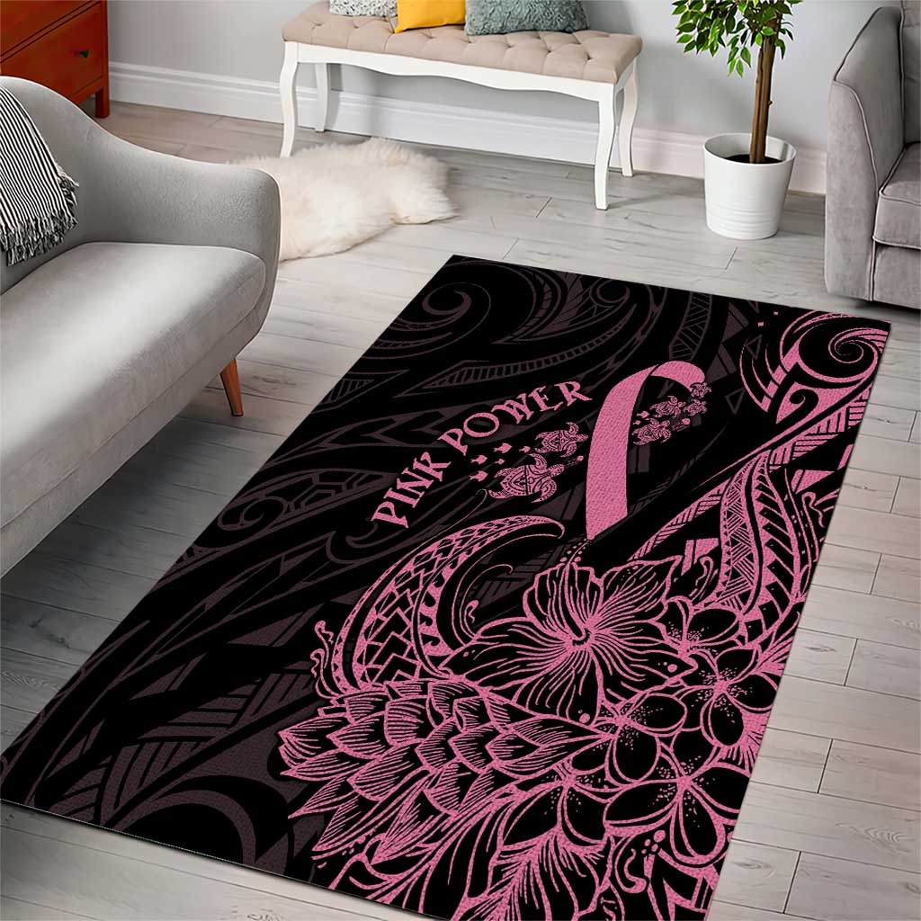 Polynesian Pink Power Area Rug Breast Cancer Ribbon Turtle and Flowers
