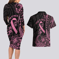Polynesian Pink Power Couples Matching Long Sleeve Bodycon Dress and Hawaiian Shirt Breast Cancer Ribbon Turtle and Flowers LT7 - Polynesian Pride
