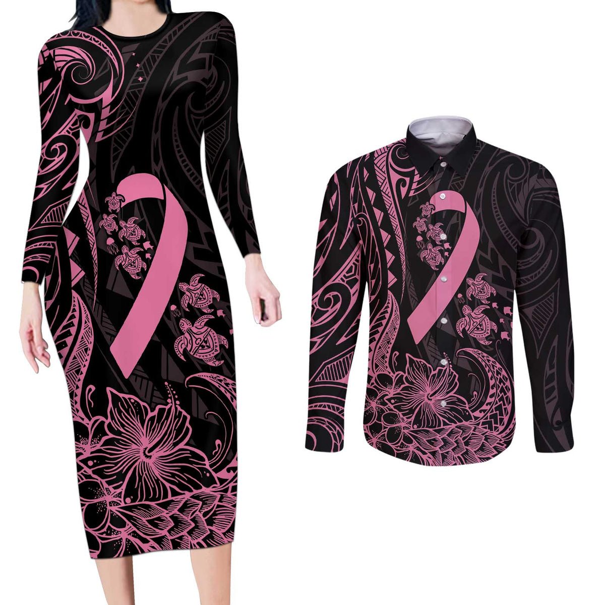 Polynesian Pink Power Couples Matching Long Sleeve Bodycon Dress and Long Sleeve Button Shirt Breast Cancer Ribbon Turtle and Flowers LT7 Pink - Polynesian Pride